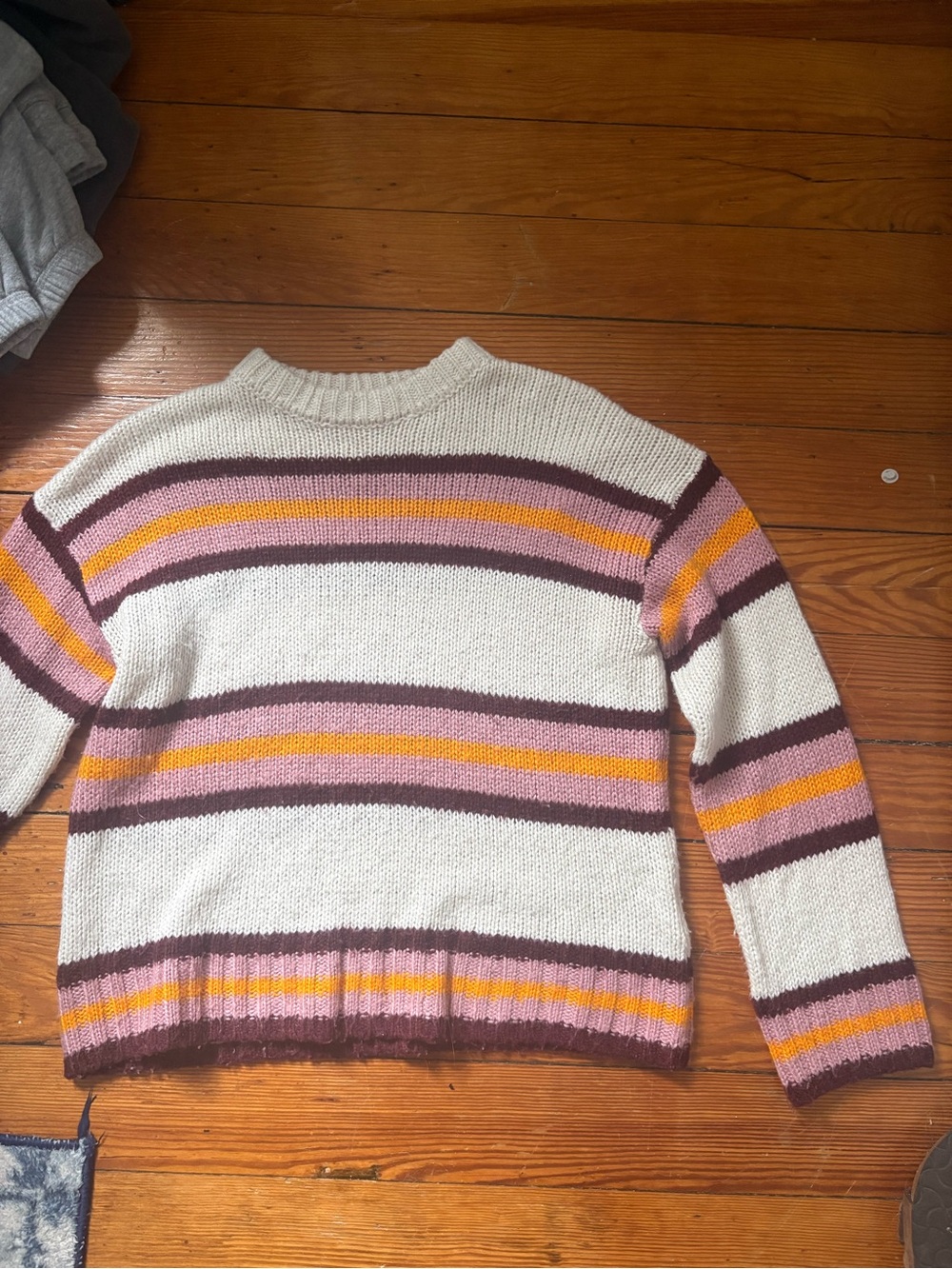 Urban Outfitters Cream Crewneck Sweater with Pink, Mustard & Brown Stripes